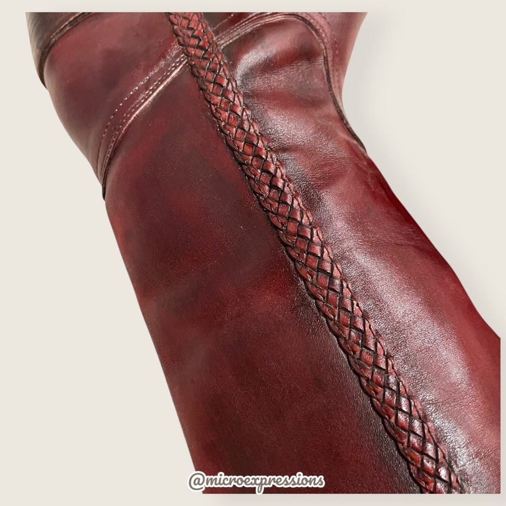 VINTAGE 1970s Frye Campus Leather Red-Brown Real Leather Braided Knee High Boot - Picture 11 of 16
